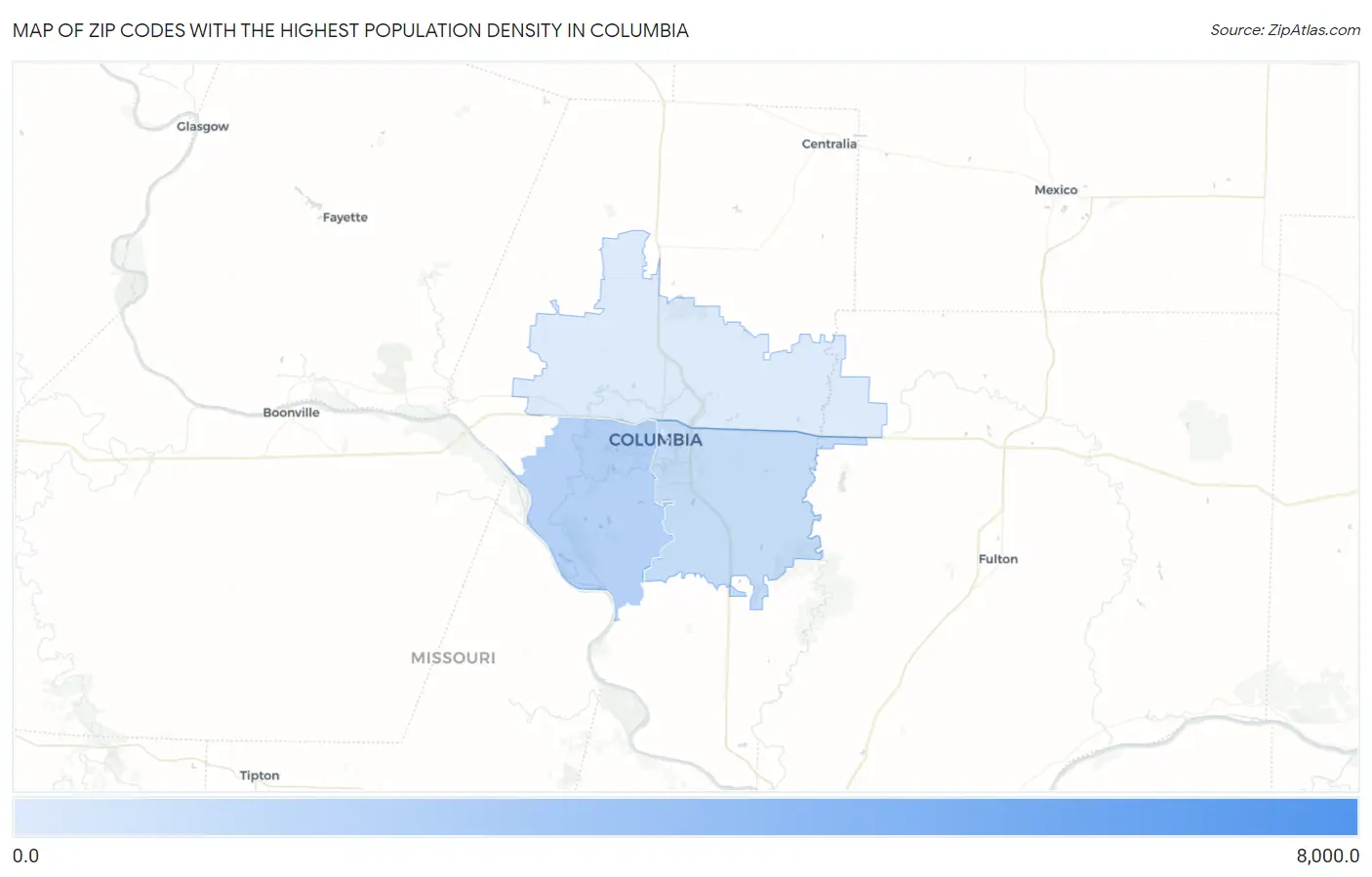 Zip Codes with the Highest Population Density in Columbia Map