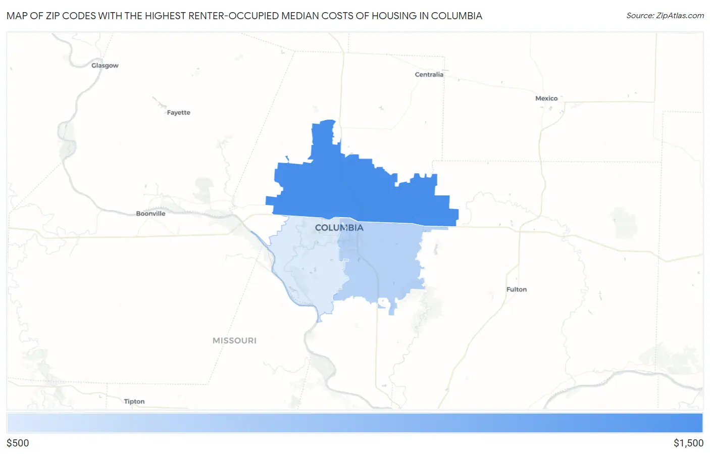 Zip Codes with the Highest Renter-Occupied Median Costs of Housing in Columbia Map