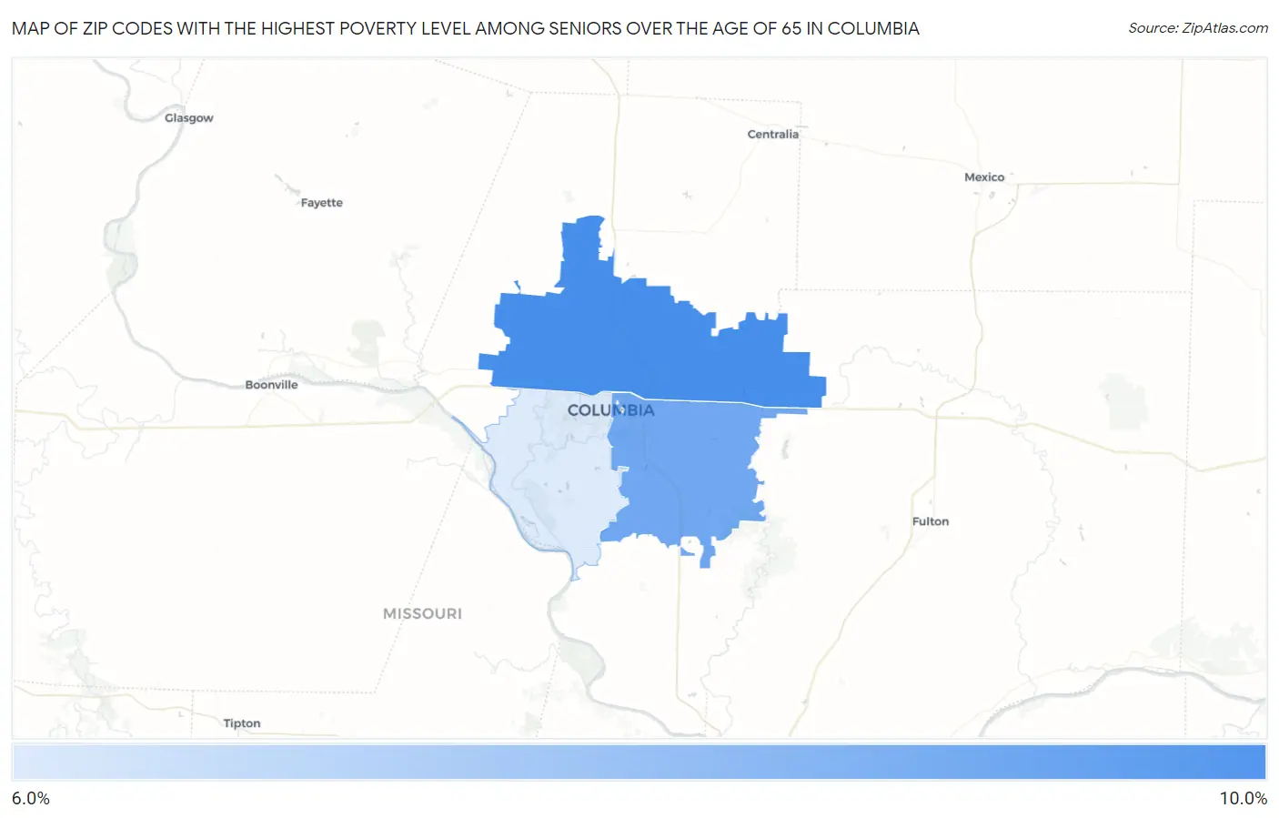 Zip Codes with the Highest Poverty Level Among Seniors Over the Age of 65 in Columbia Map