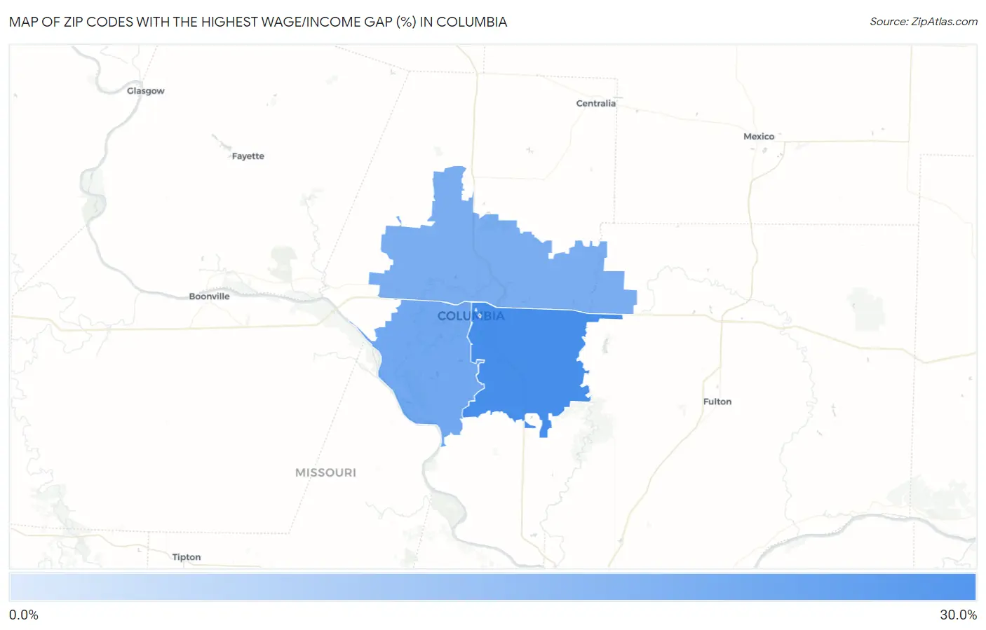 Zip Codes with the Highest Wage/Income Gap (%) in Columbia Map