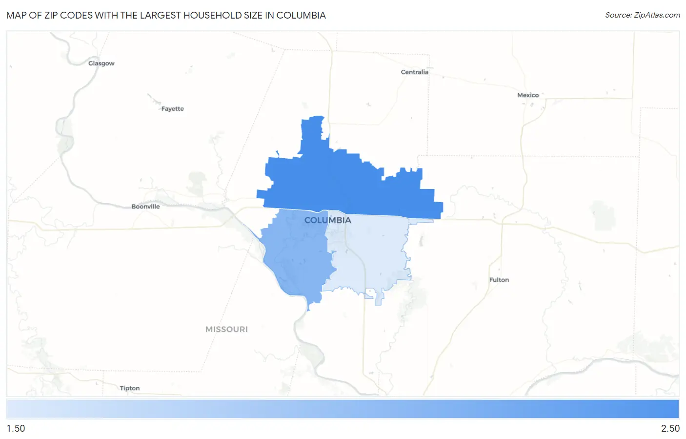 Zip Codes with the Largest Household Size in Columbia Map