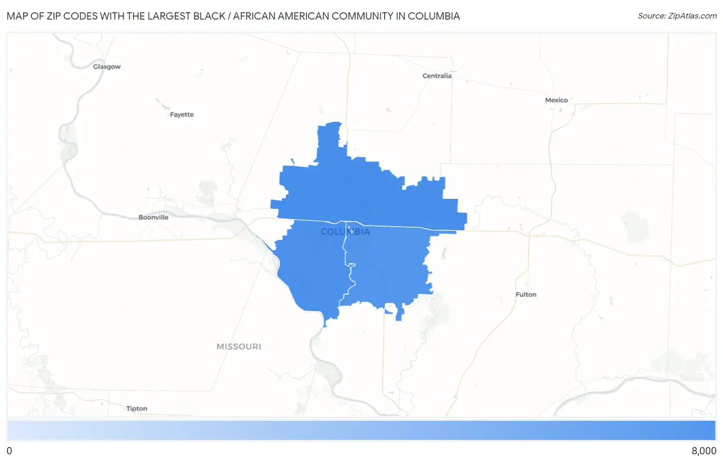 Zip Codes with the Largest Black / African American Community in Columbia Map