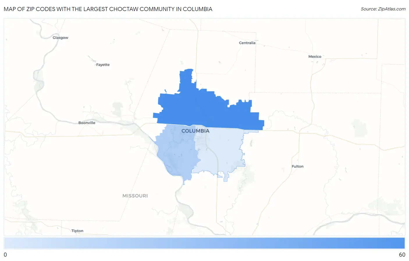 Zip Codes with the Largest Choctaw Community in Columbia Map