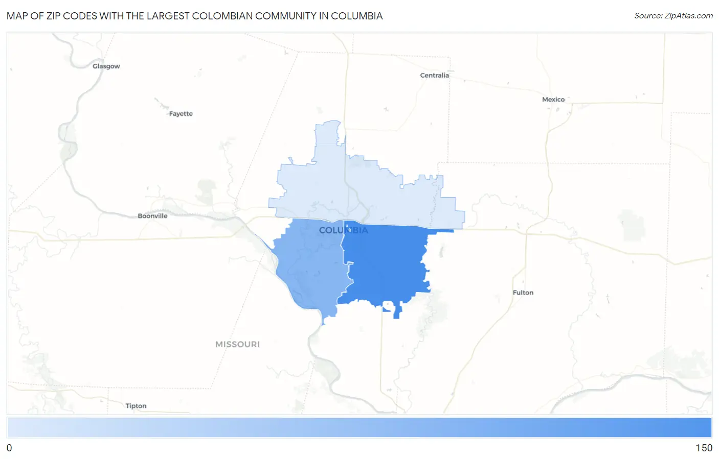 Zip Codes with the Largest Colombian Community in Columbia Map