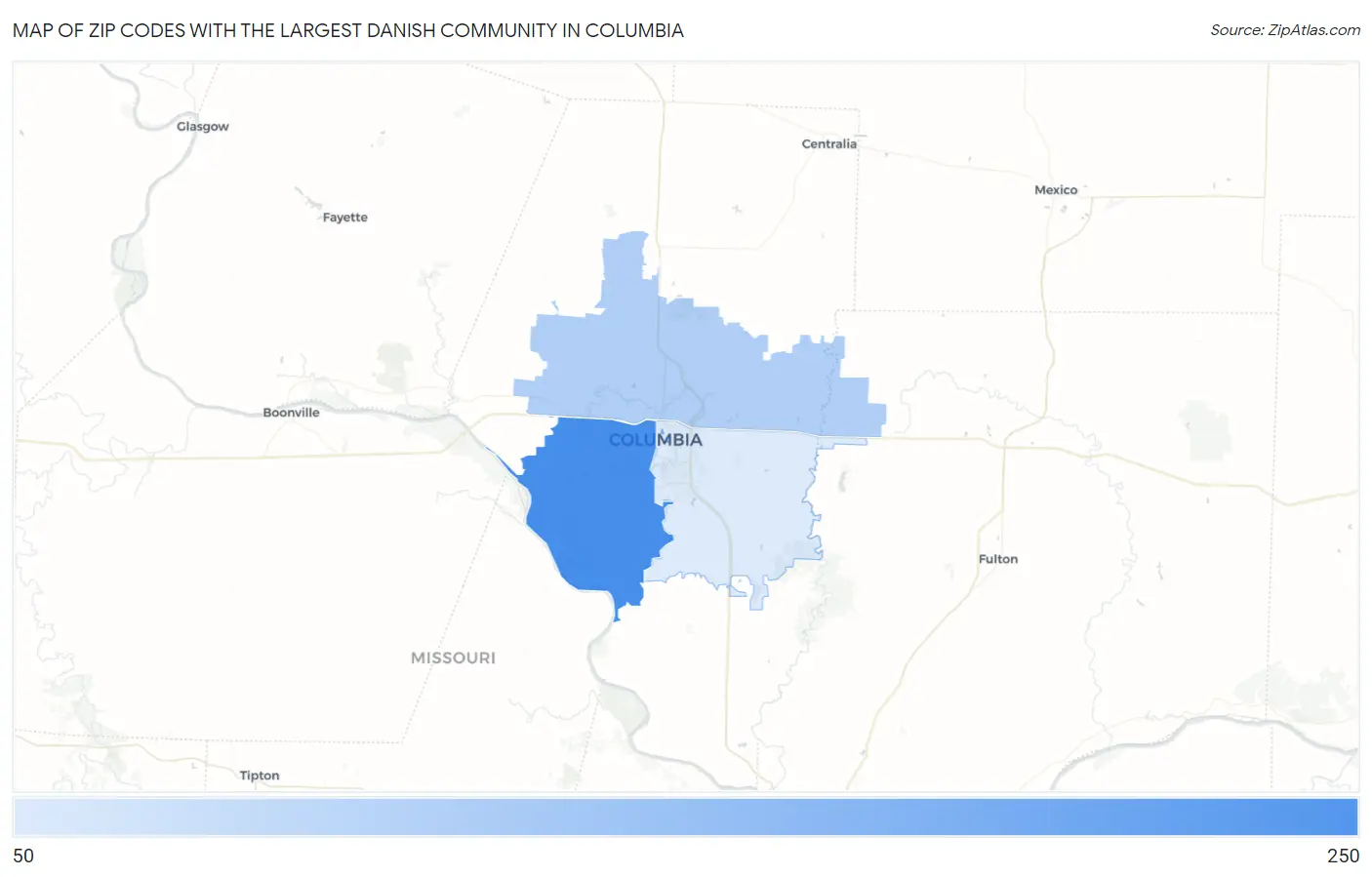 Zip Codes with the Largest Danish Community in Columbia Map