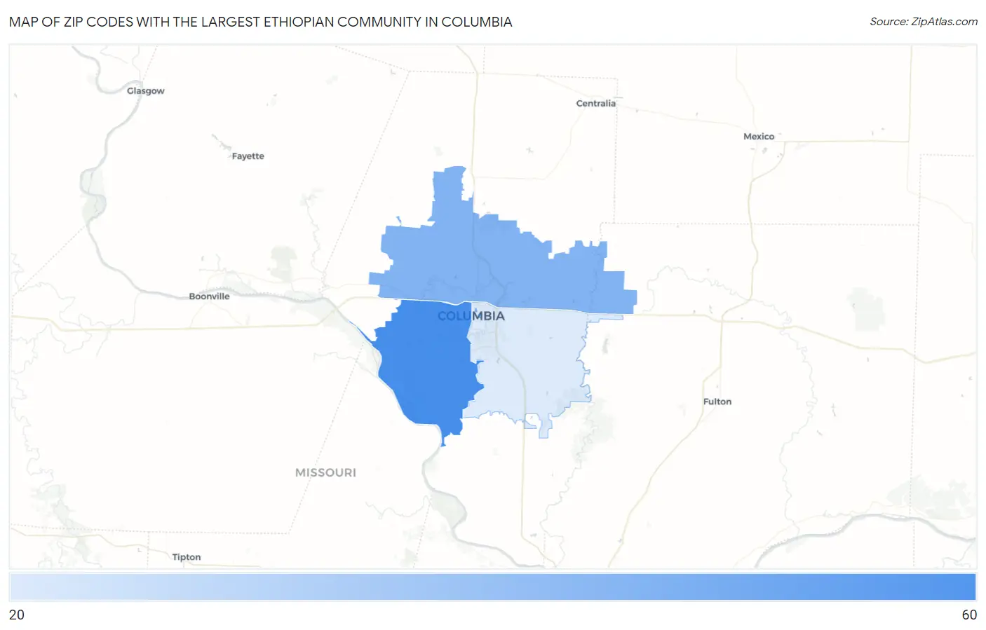 Zip Codes with the Largest Ethiopian Community in Columbia Map