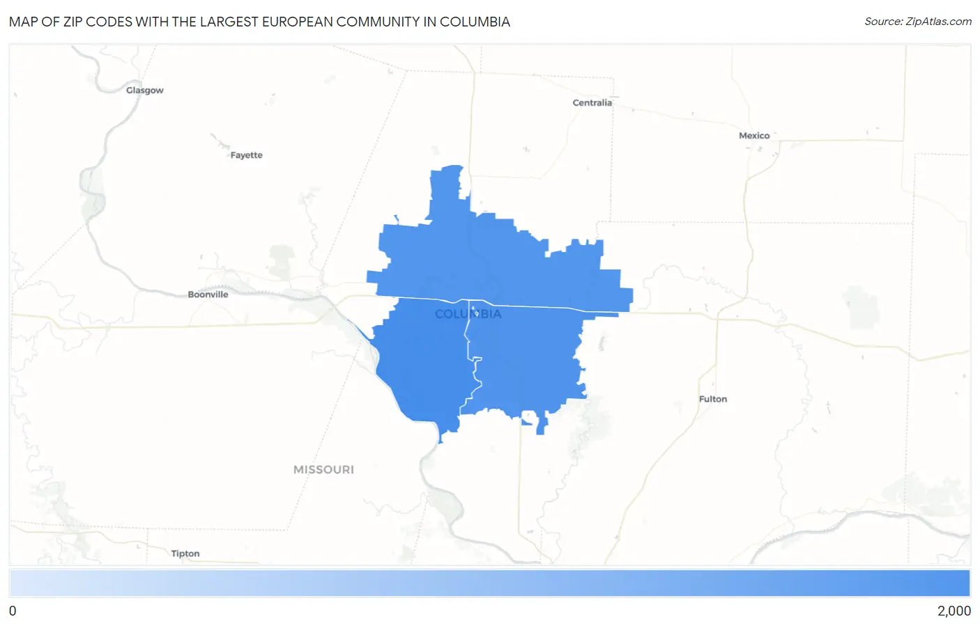 Zip Codes with the Largest European Community in Columbia Map