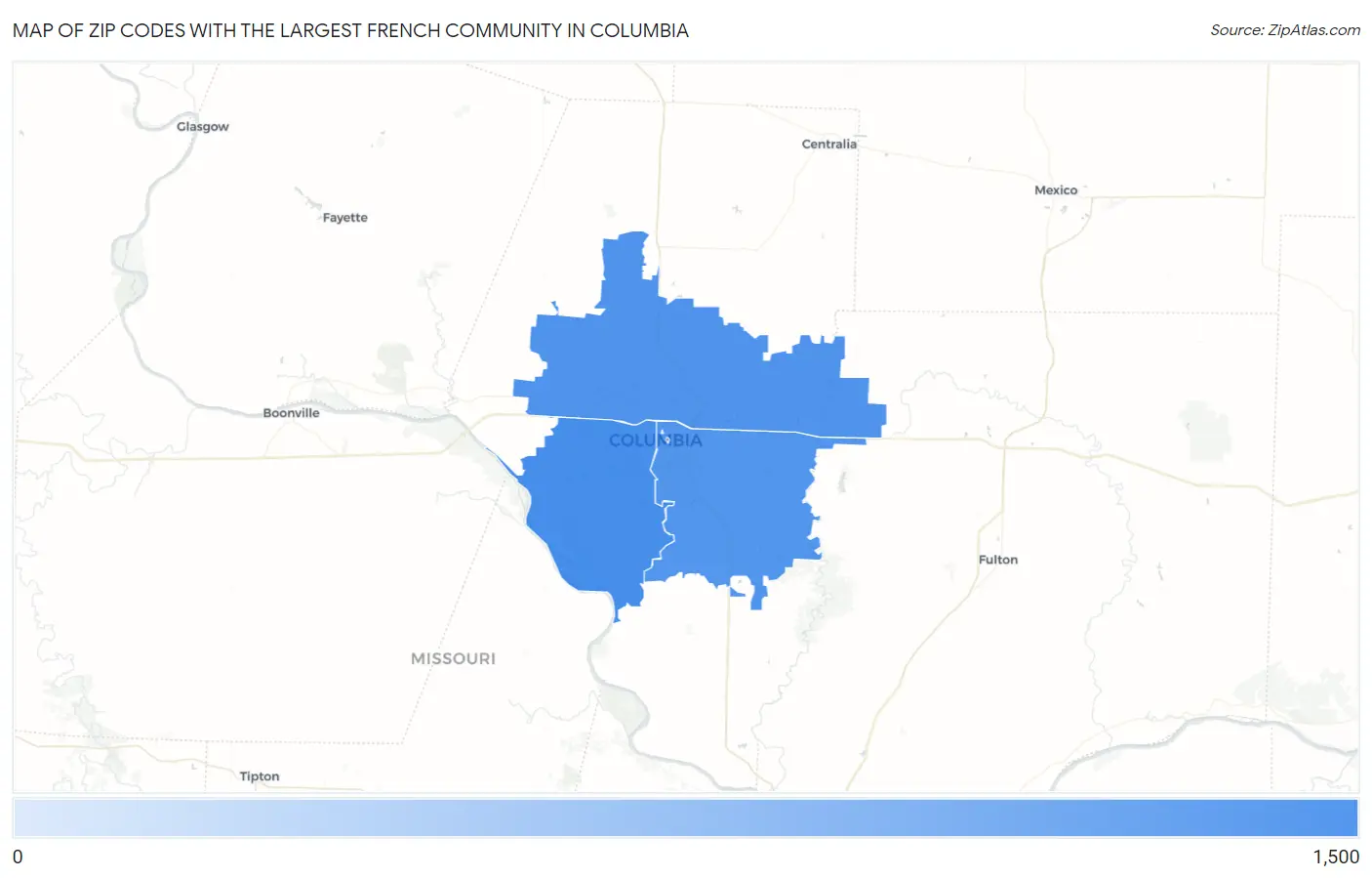 Zip Codes with the Largest French Community in Columbia Map