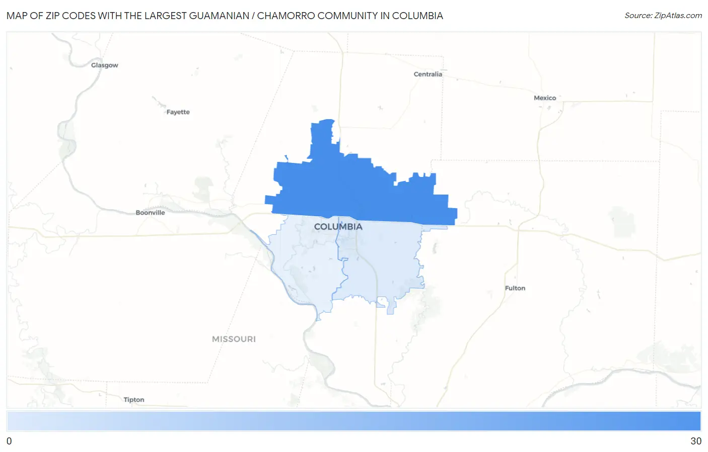 Zip Codes with the Largest Guamanian / Chamorro Community in Columbia Map