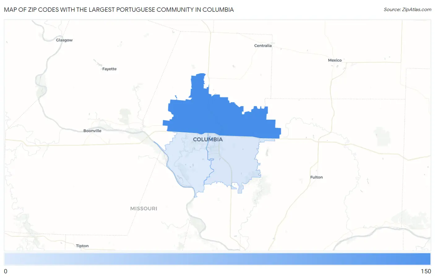 Zip Codes with the Largest Portuguese Community in Columbia Map