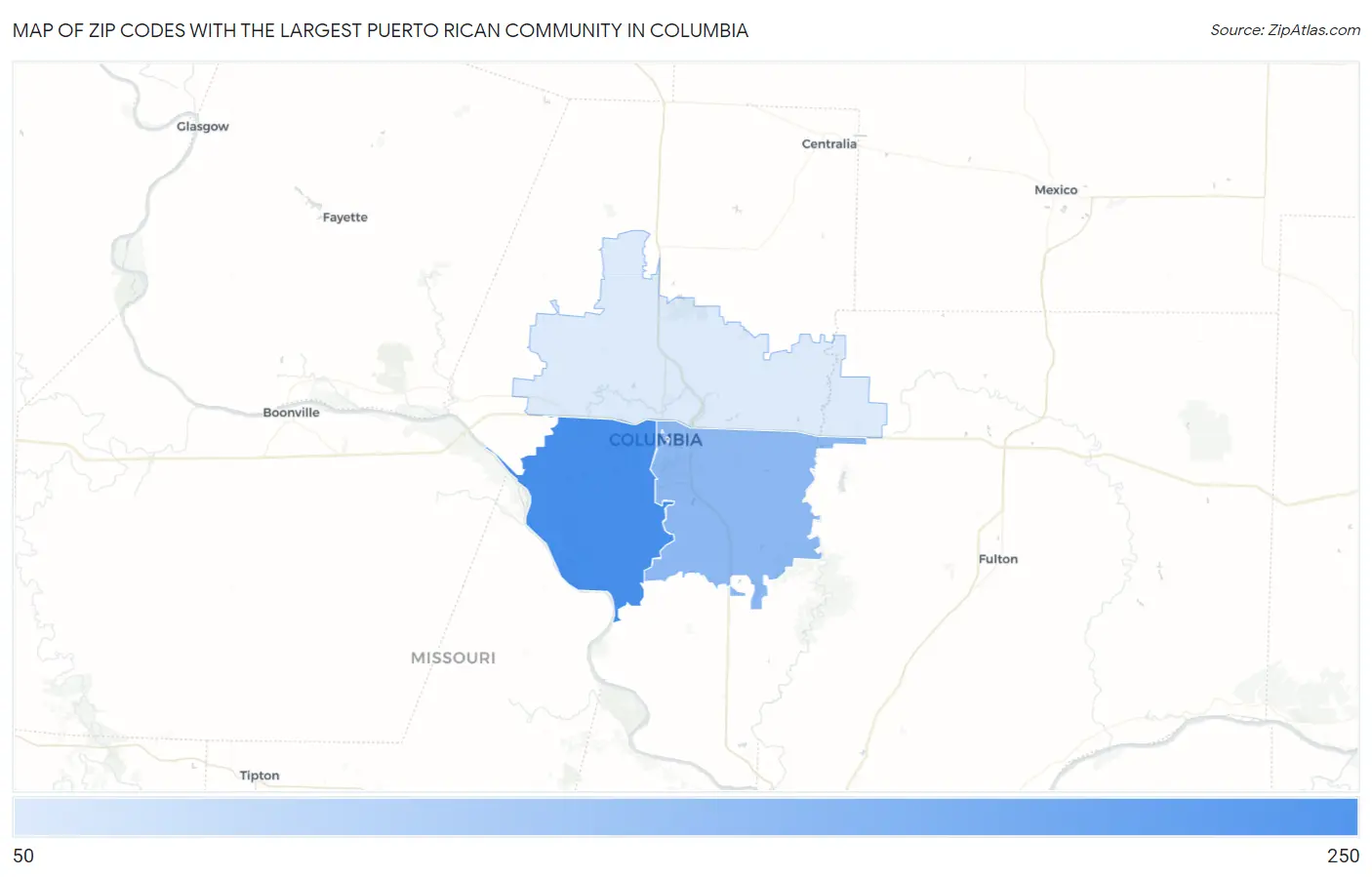 Zip Codes with the Largest Puerto Rican Community in Columbia Map