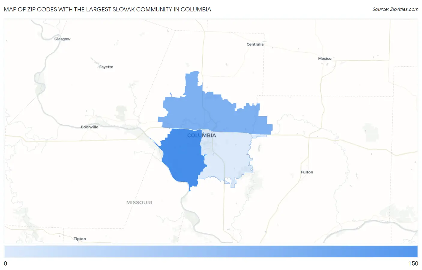 Zip Codes with the Largest Slovak Community in Columbia Map