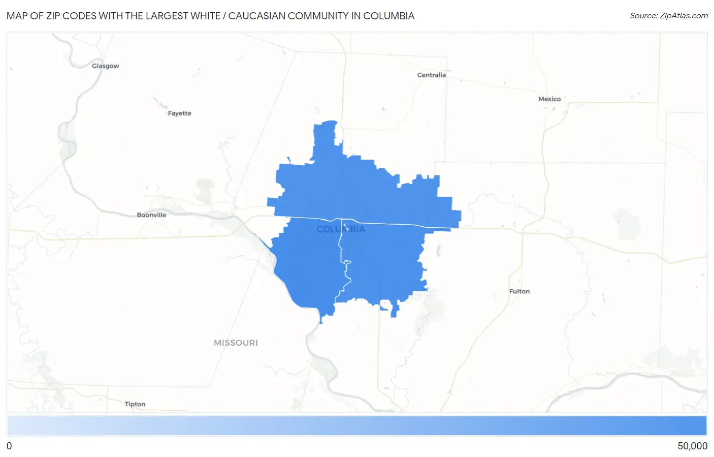 Zip Codes with the Largest White / Caucasian Community in Columbia Map
