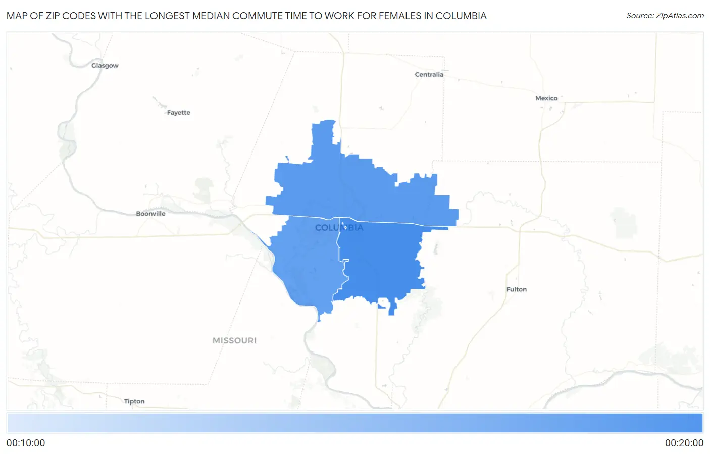 Zip Codes with the Longest Median Commute Time to Work for Females in Columbia Map