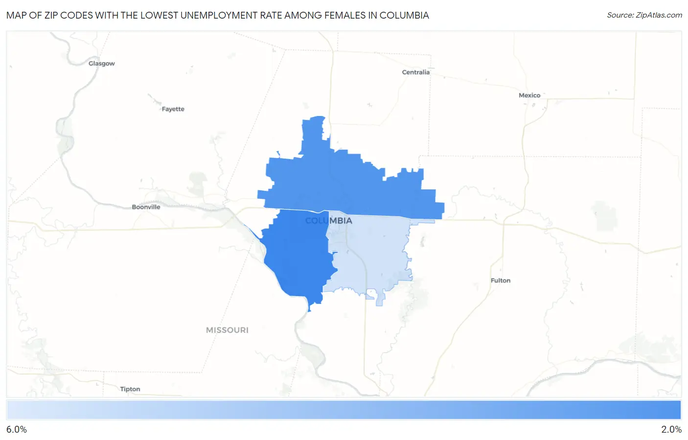 Zip Codes with the Lowest Unemployment Rate Among Females in Columbia Map