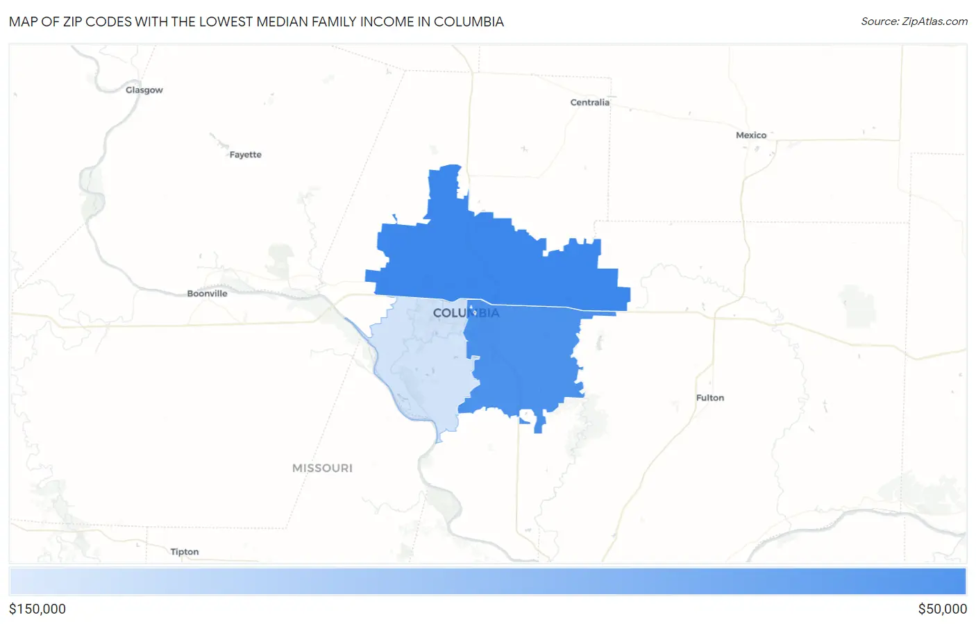 Zip Codes with the Lowest Median Family Income in Columbia Map