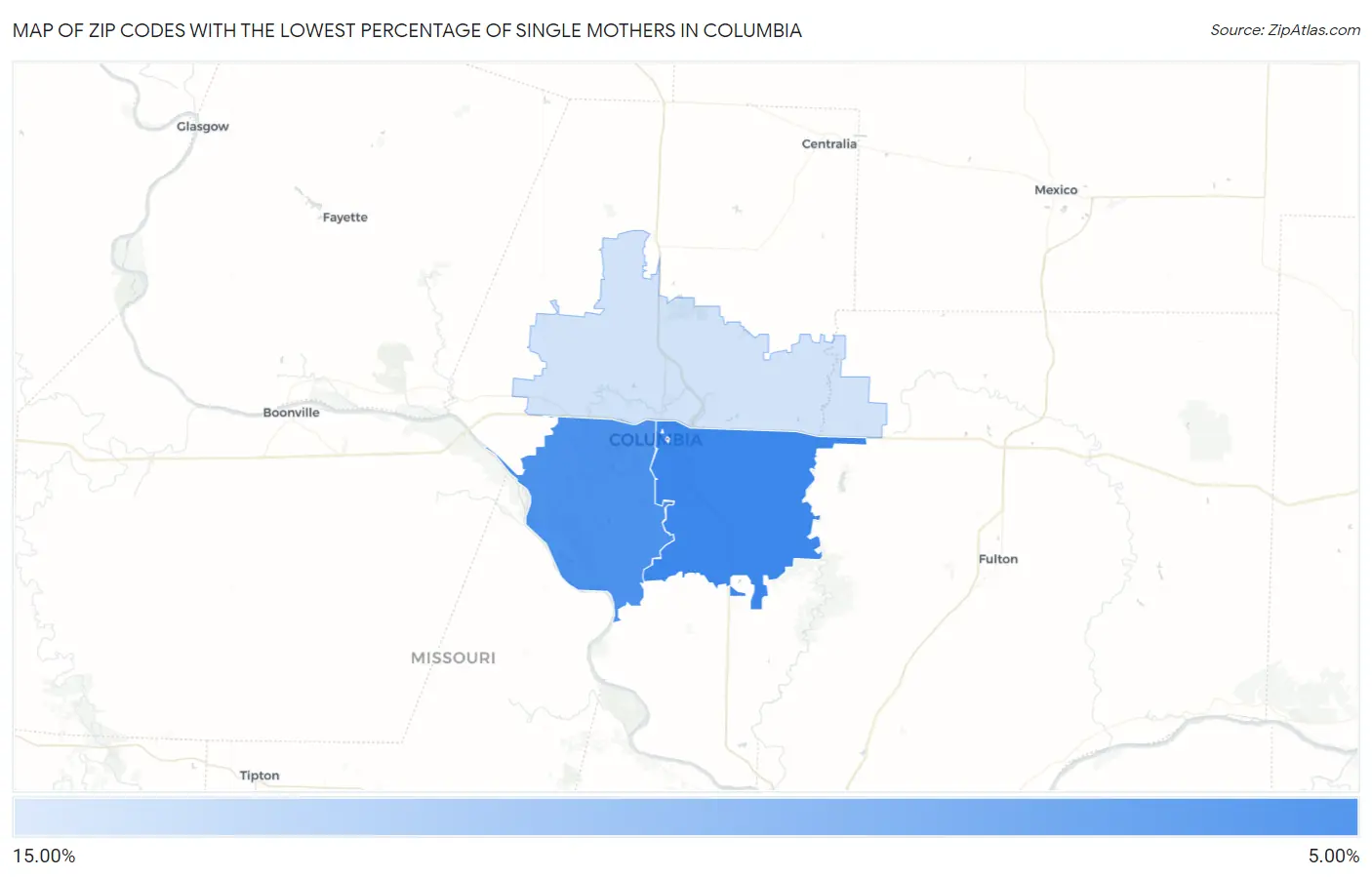 Zip Codes with the Lowest Percentage of Single Mothers in Columbia Map