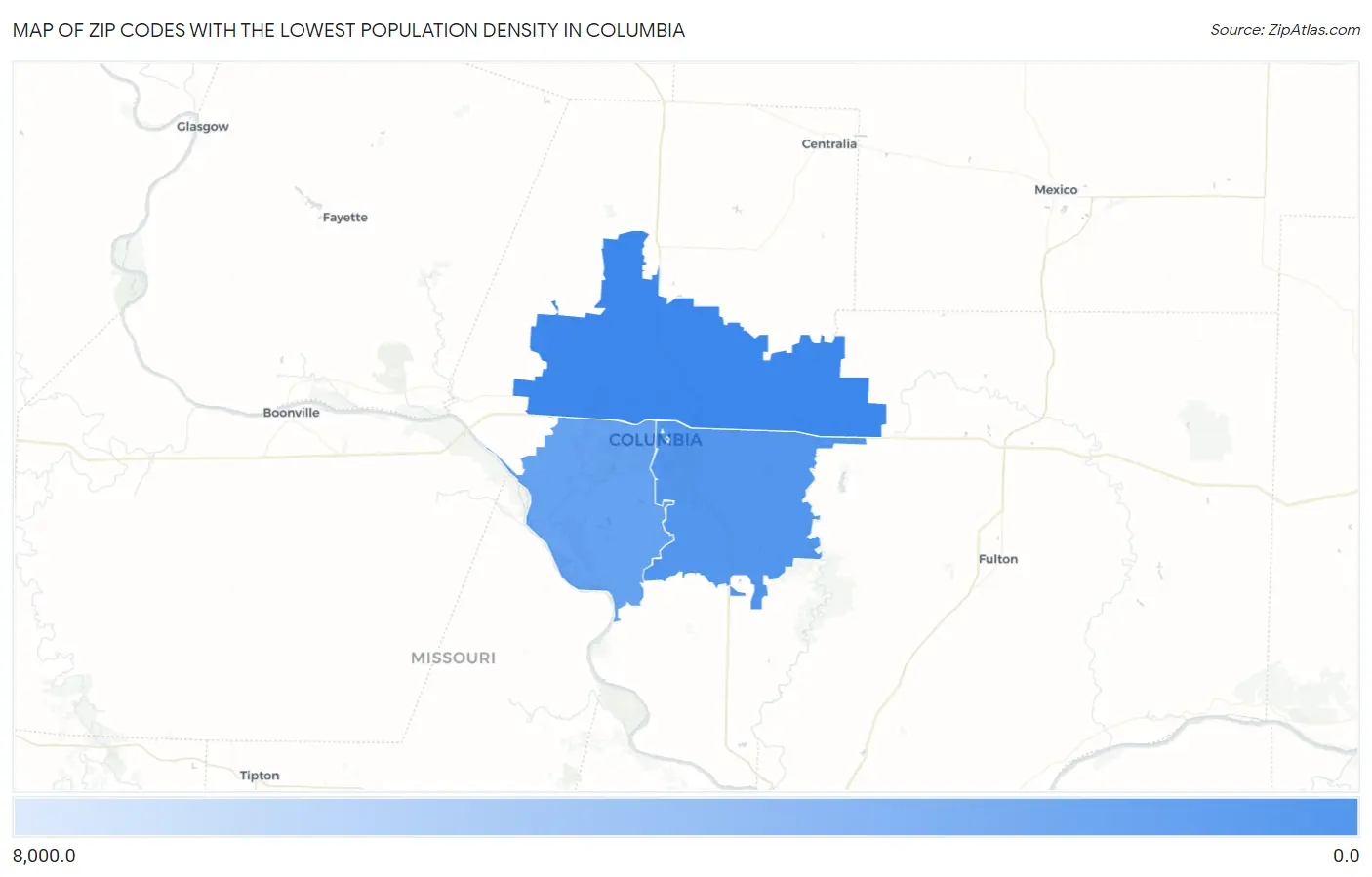Zip Codes with the Lowest Population Density in Columbia Map