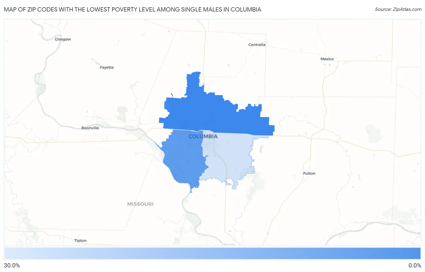 Zip Codes with the Lowest Poverty Level Among Single Males in Columbia Map