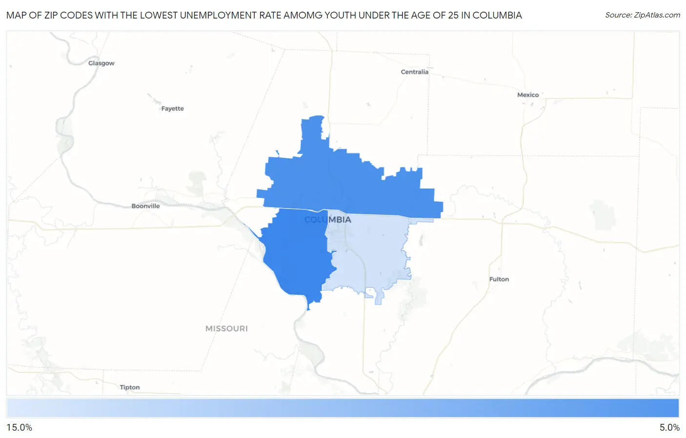 Zip Codes with the Lowest Unemployment Rate Amomg Youth Under the Age of 25 in Columbia Map