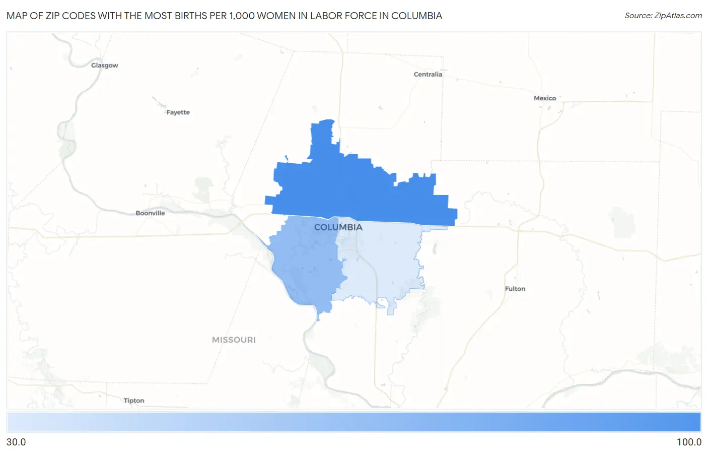 Zip Codes with the Most Births per 1,000 Women in Labor Force in Columbia Map
