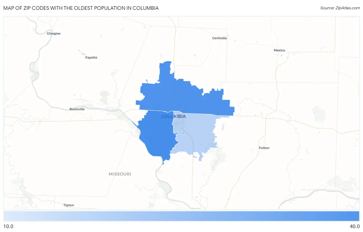 Zip Codes with the Oldest Population in Columbia Map