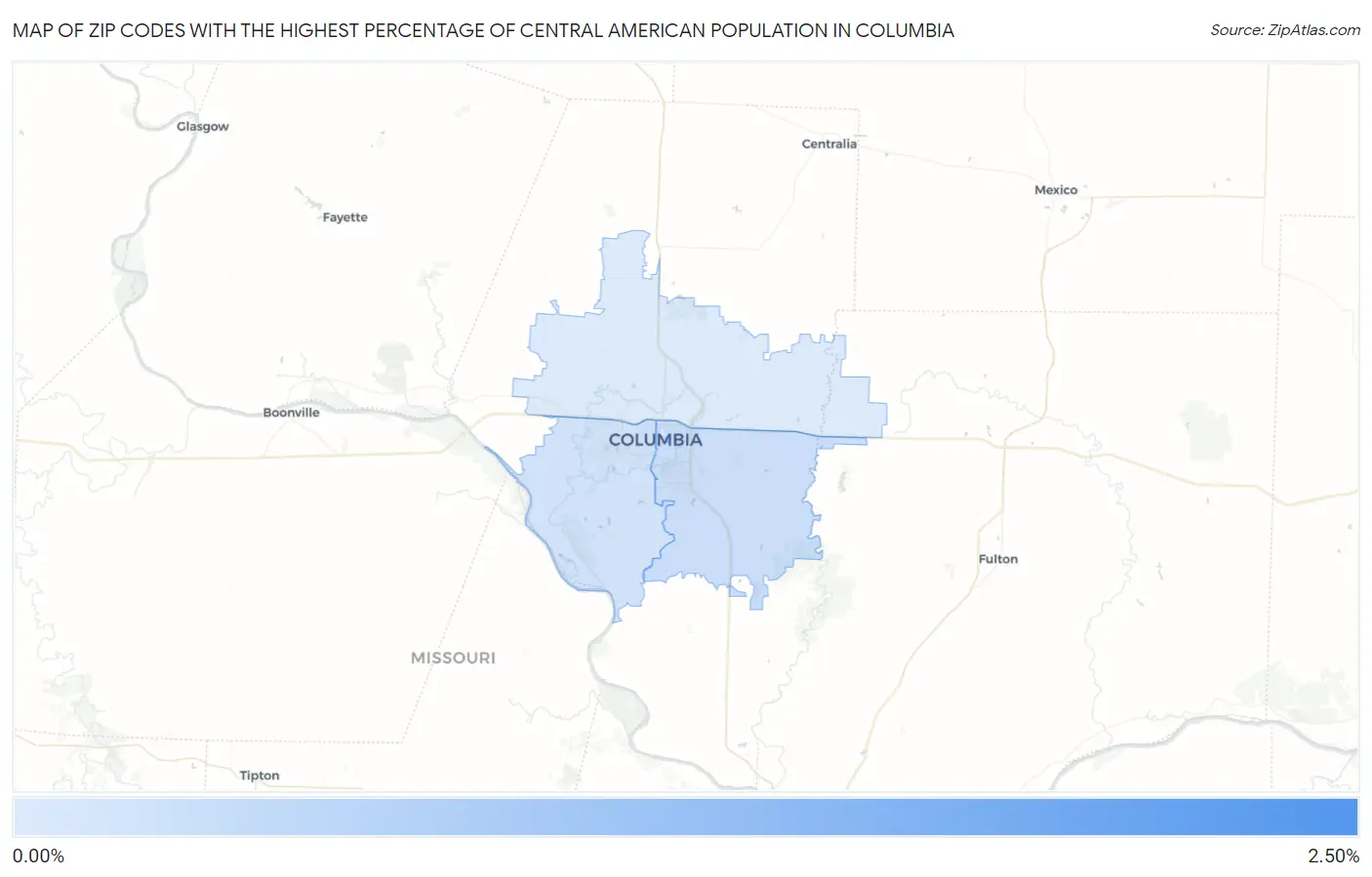Zip Codes with the Highest Percentage of Central American Population in Columbia Map