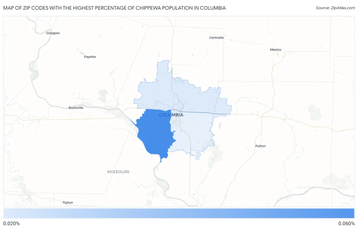 Zip Codes with the Highest Percentage of Chippewa Population in Columbia Map