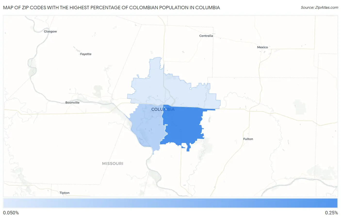 Zip Codes with the Highest Percentage of Colombian Population in Columbia Map