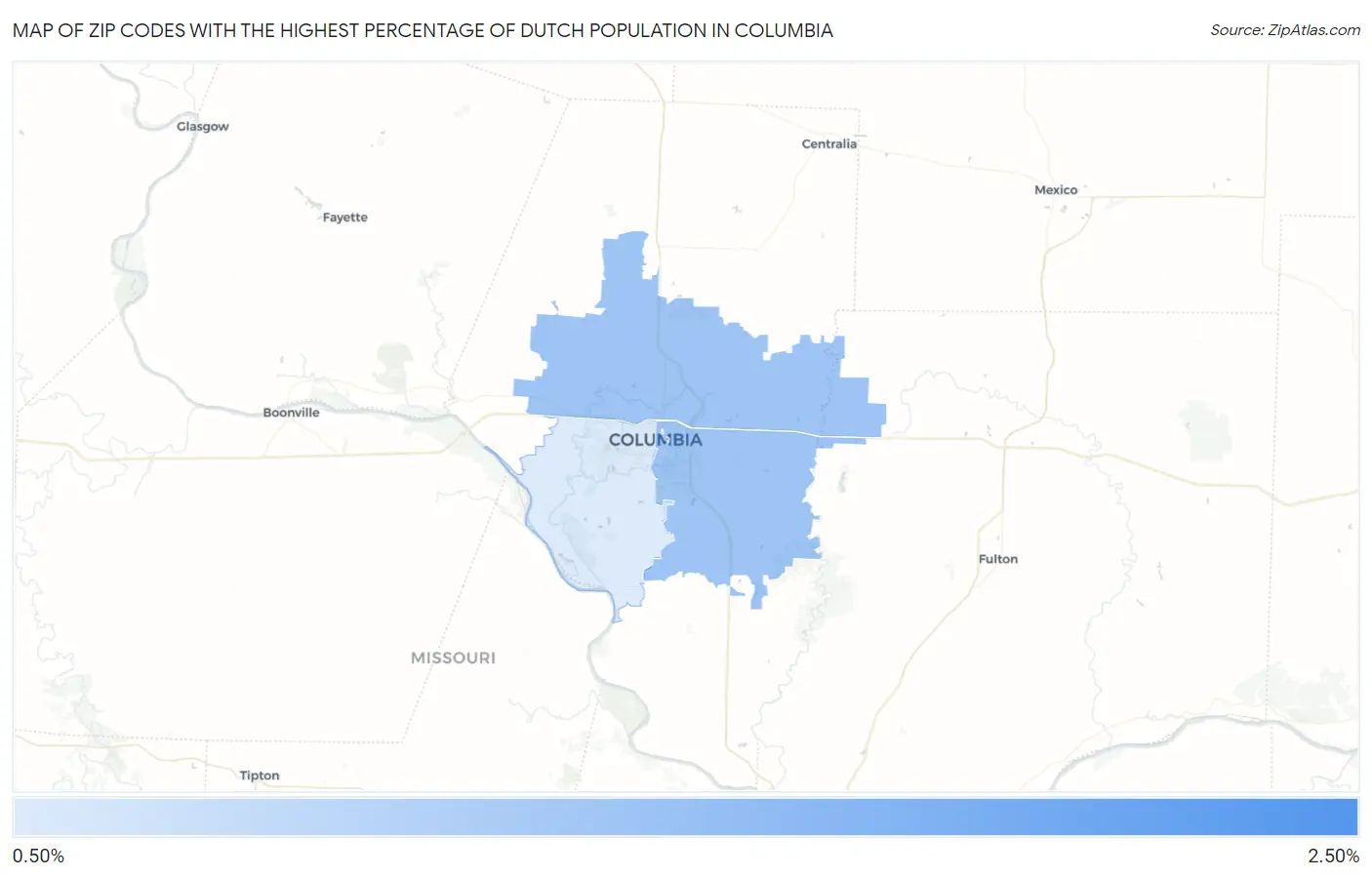 Zip Codes with the Highest Percentage of Dutch Population in Columbia Map