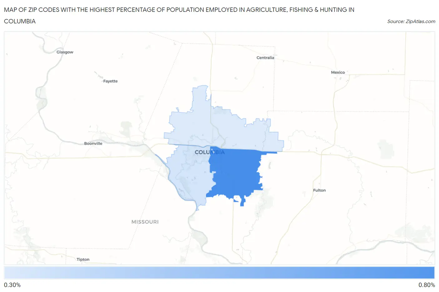 Zip Codes with the Highest Percentage of Population Employed in Agriculture, Fishing & Hunting in Columbia Map
