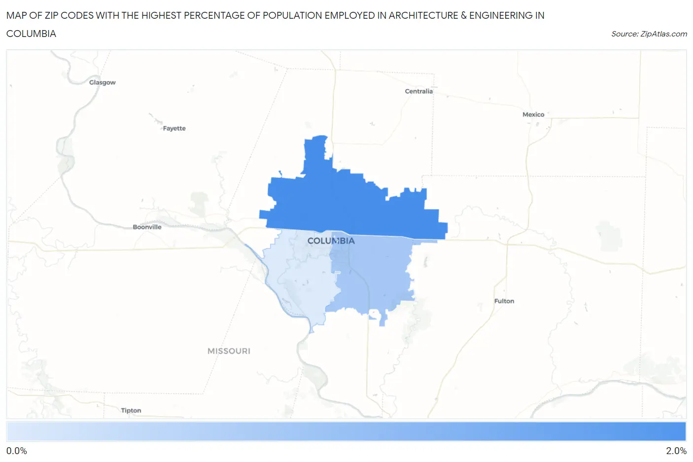 Zip Codes with the Highest Percentage of Population Employed in Architecture & Engineering in Columbia Map