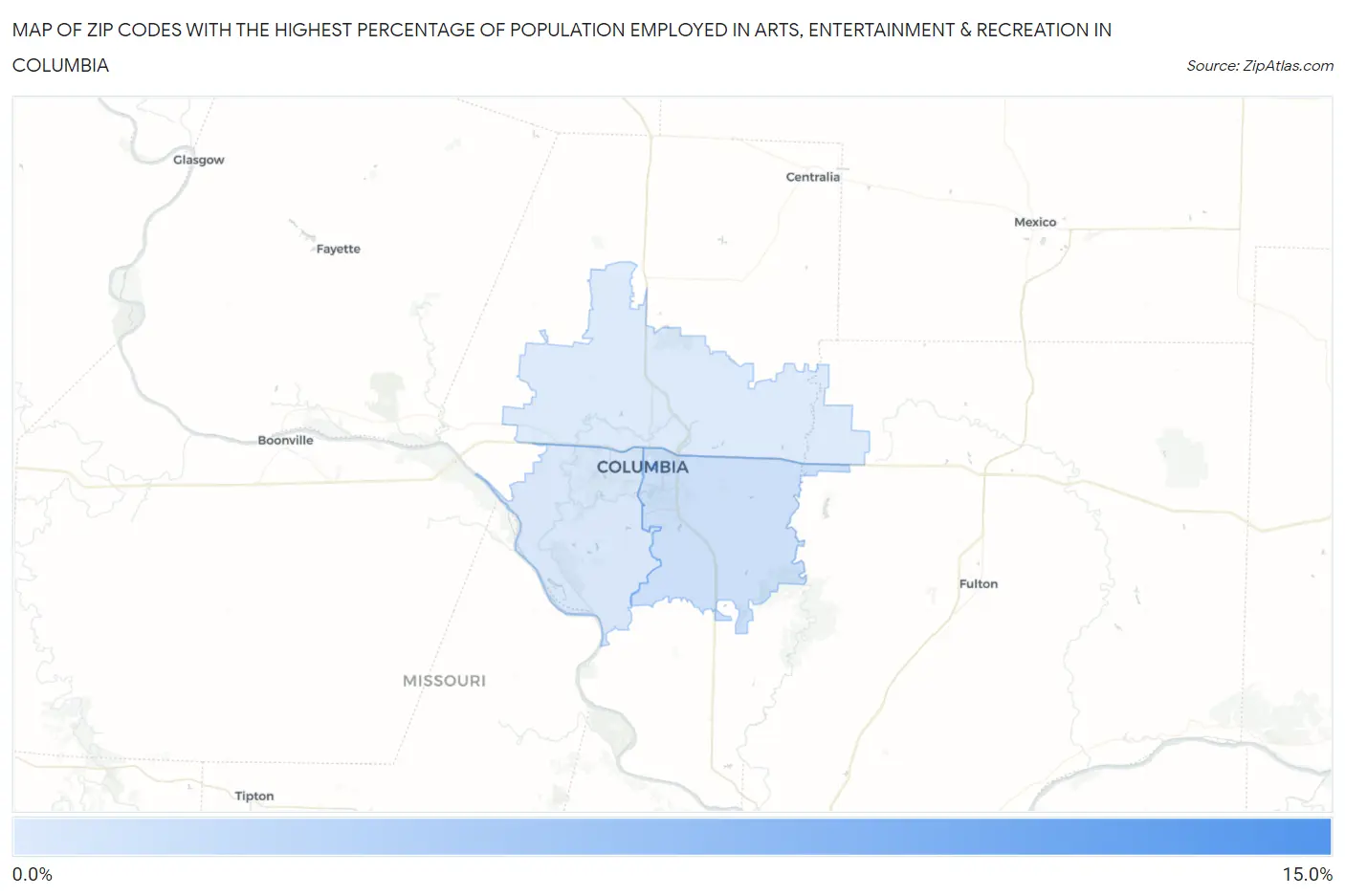 Zip Codes with the Highest Percentage of Population Employed in Arts, Entertainment & Recreation in Columbia Map