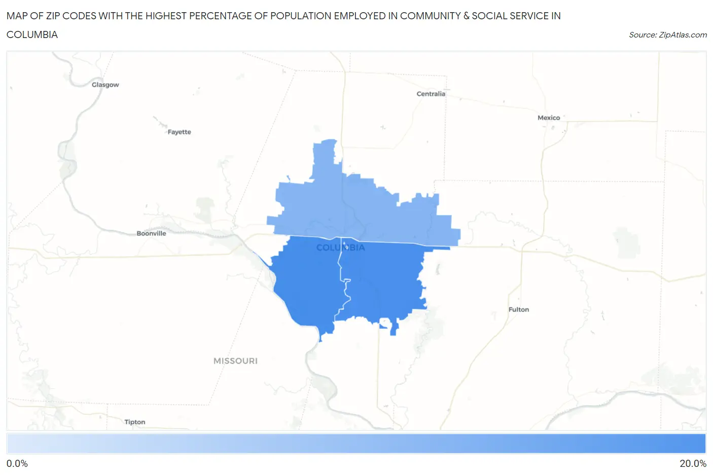 Zip Codes with the Highest Percentage of Population Employed in Community & Social Service  in Columbia Map