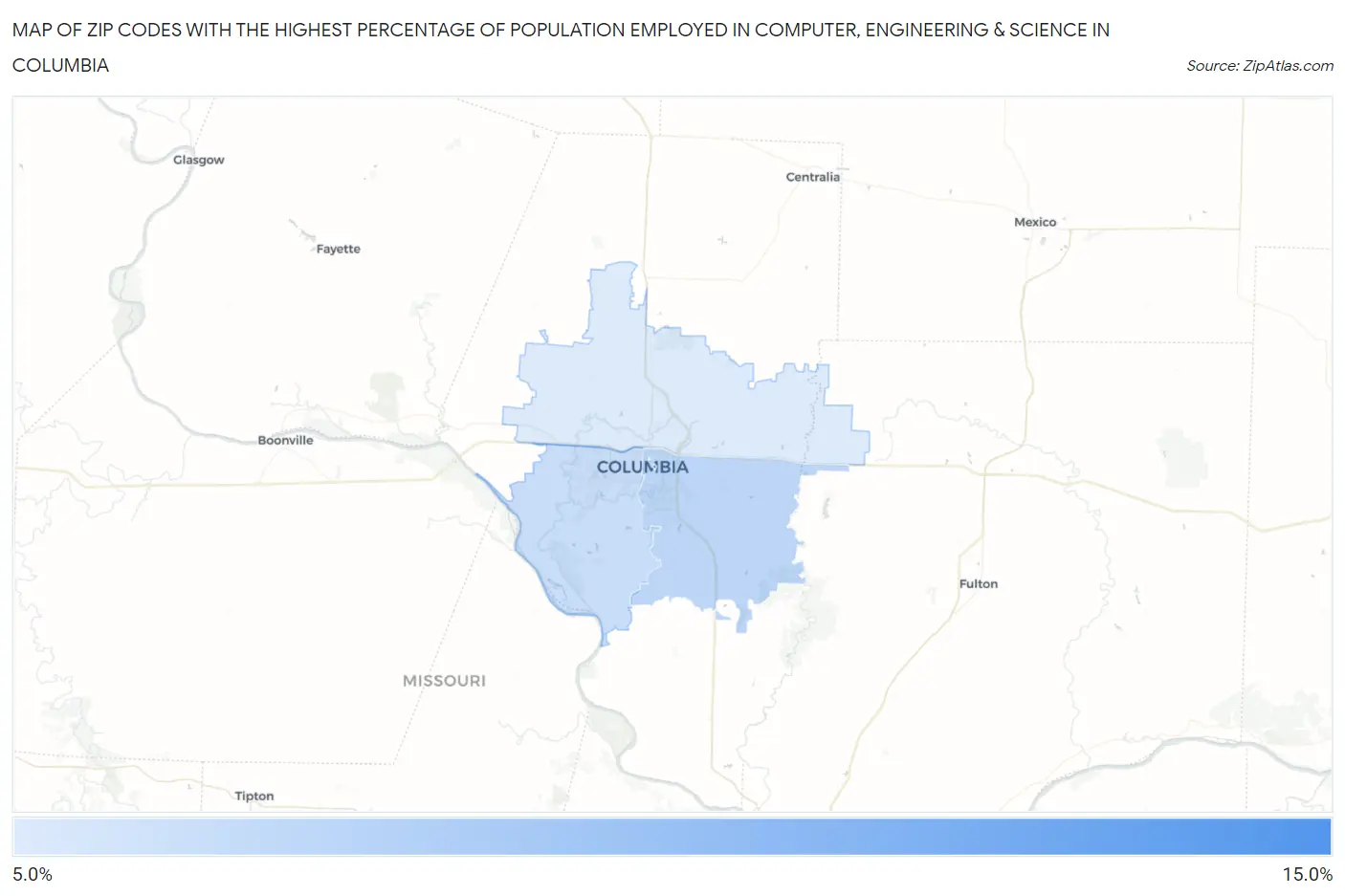 Zip Codes with the Highest Percentage of Population Employed in Computer, Engineering & Science in Columbia Map