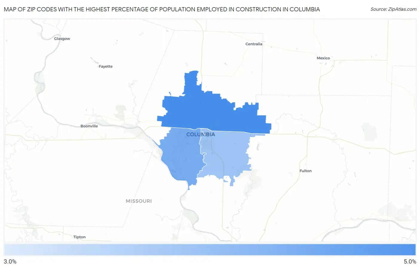 Zip Codes with the Highest Percentage of Population Employed in Construction in Columbia Map
