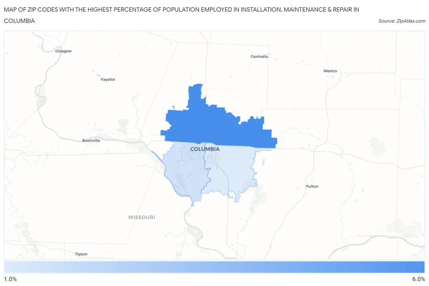 Zip Codes with the Highest Percentage of Population Employed in Installation, Maintenance & Repair in Columbia Map