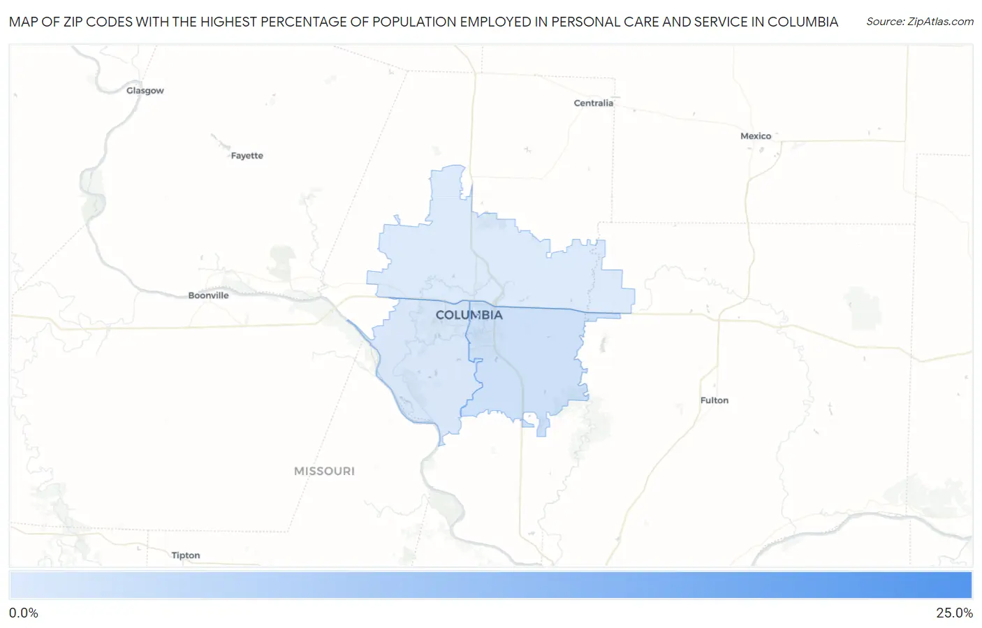 Zip Codes with the Highest Percentage of Population Employed in Personal Care and Service in Columbia Map