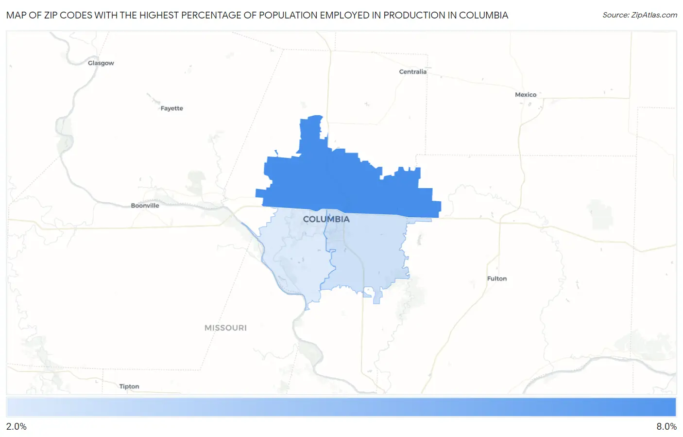 Zip Codes with the Highest Percentage of Population Employed in Production in Columbia Map