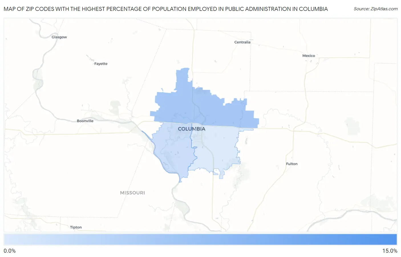 Zip Codes with the Highest Percentage of Population Employed in Public Administration in Columbia Map