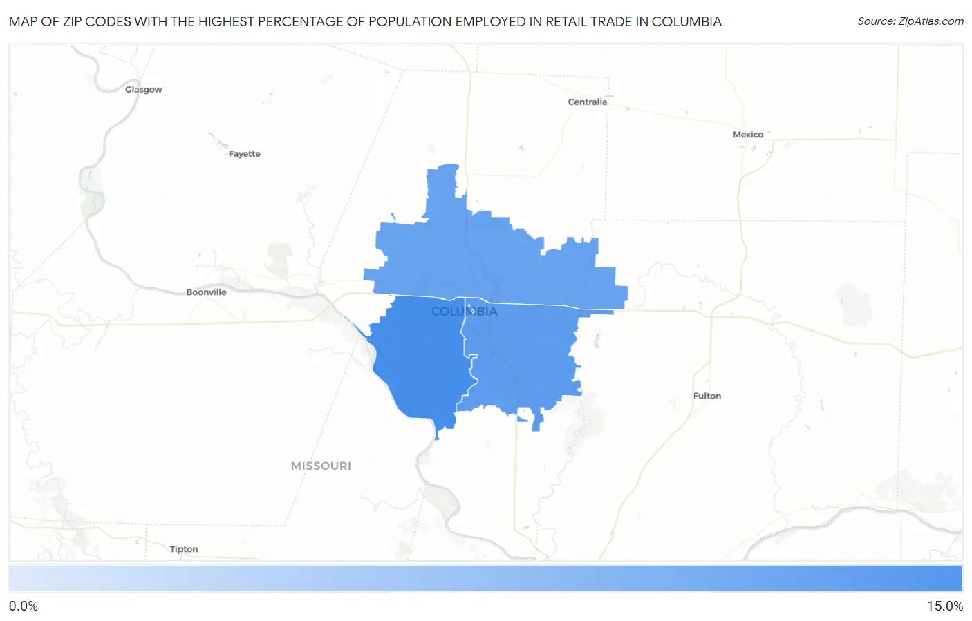 Zip Codes with the Highest Percentage of Population Employed in Retail Trade in Columbia Map