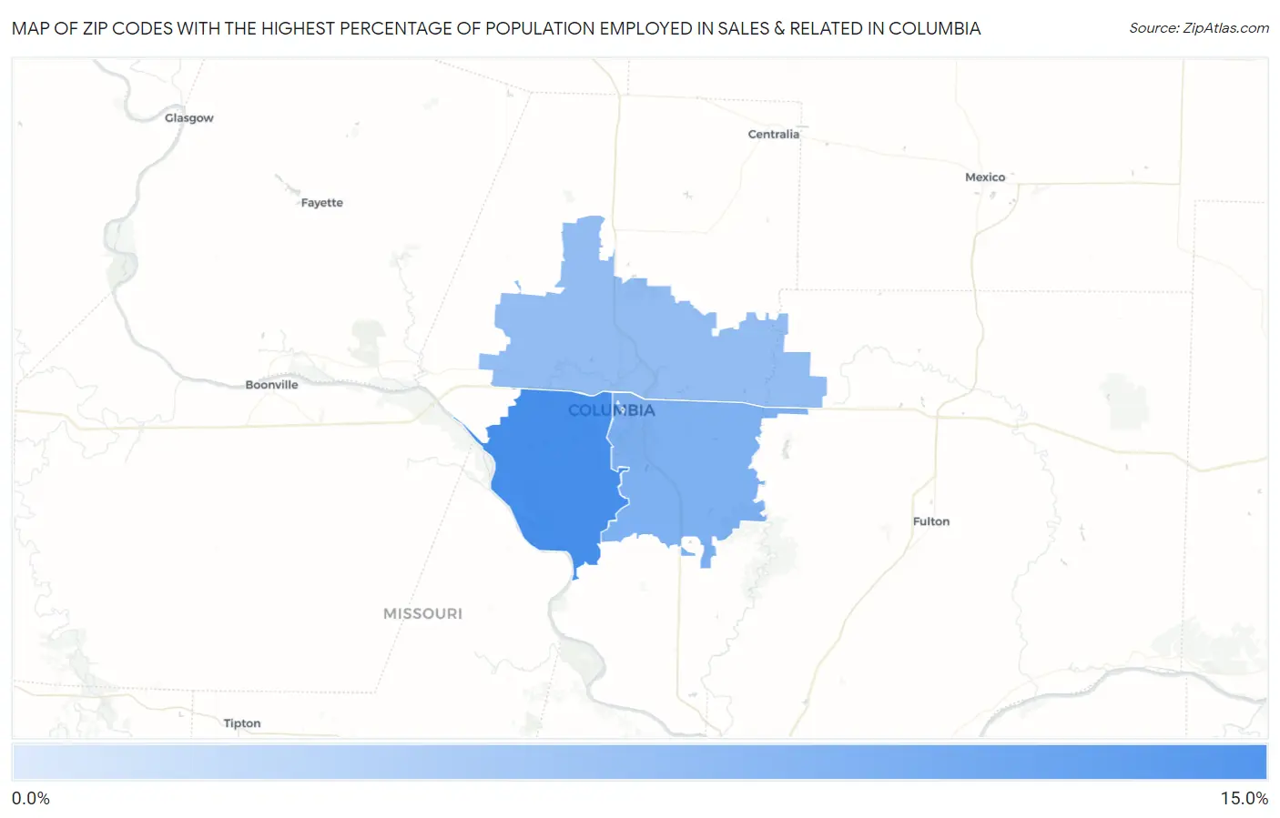 Zip Codes with the Highest Percentage of Population Employed in Sales & Related in Columbia Map