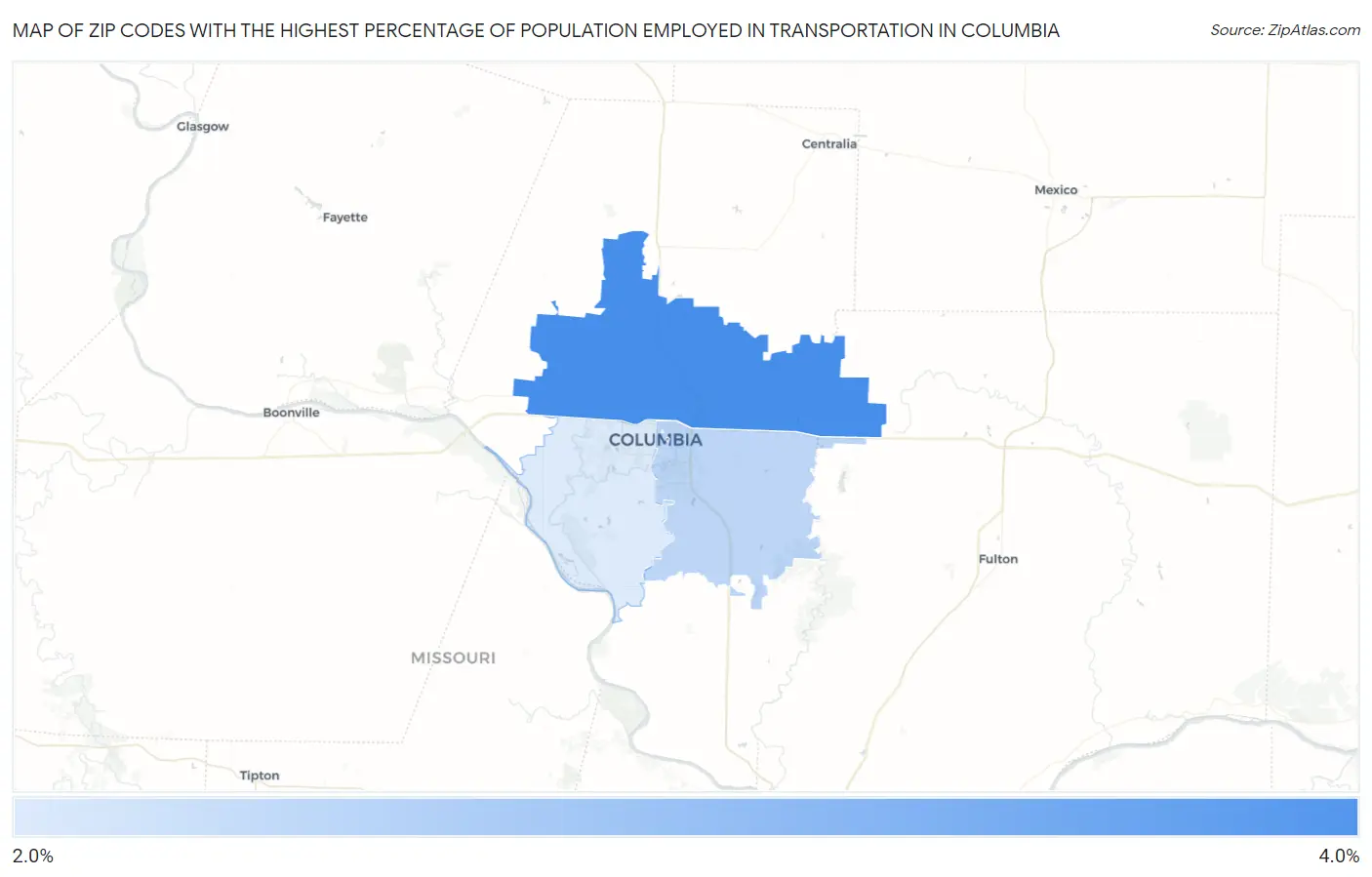 Zip Codes with the Highest Percentage of Population Employed in Transportation in Columbia Map