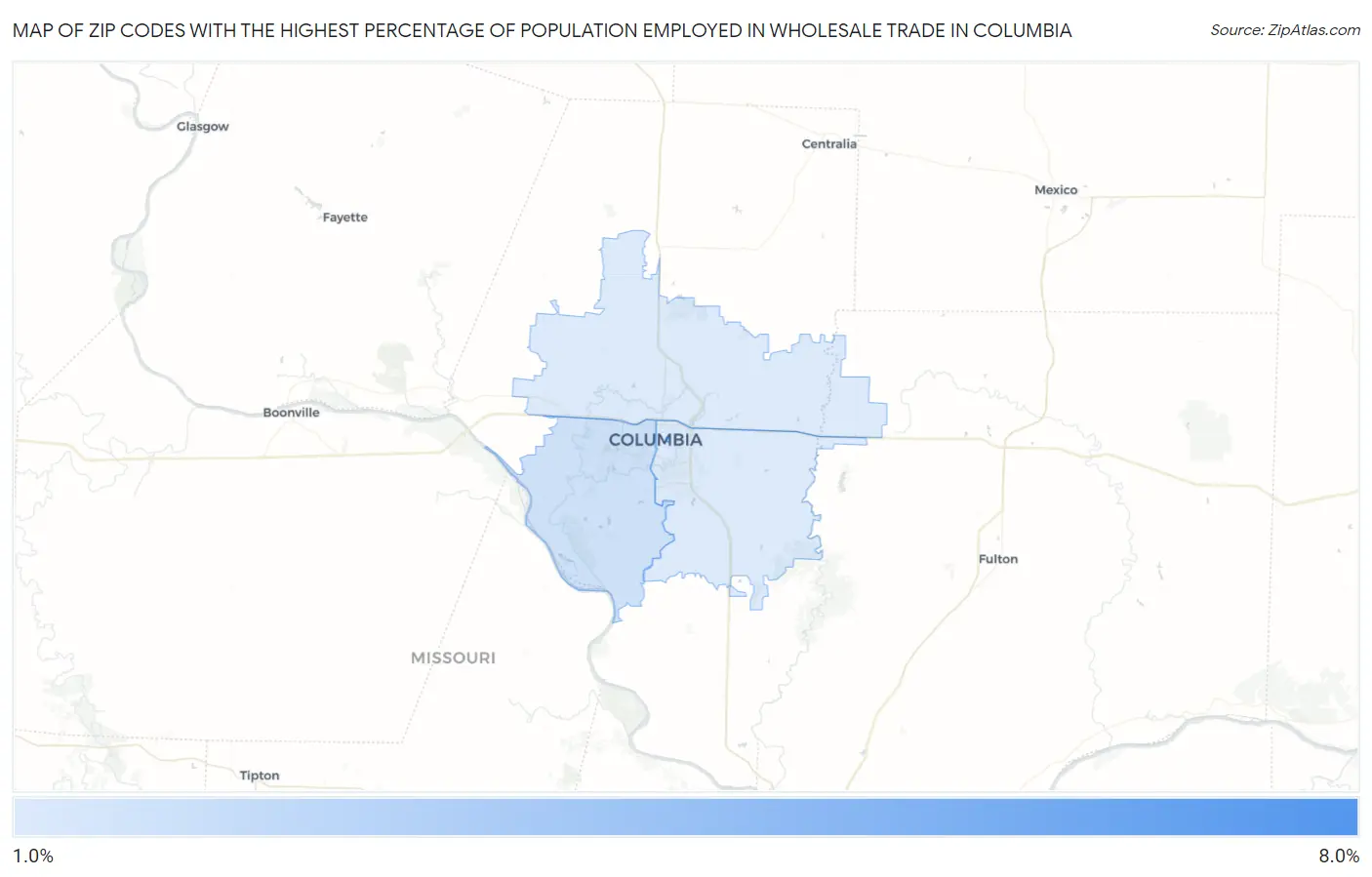 Zip Codes with the Highest Percentage of Population Employed in Wholesale Trade in Columbia Map