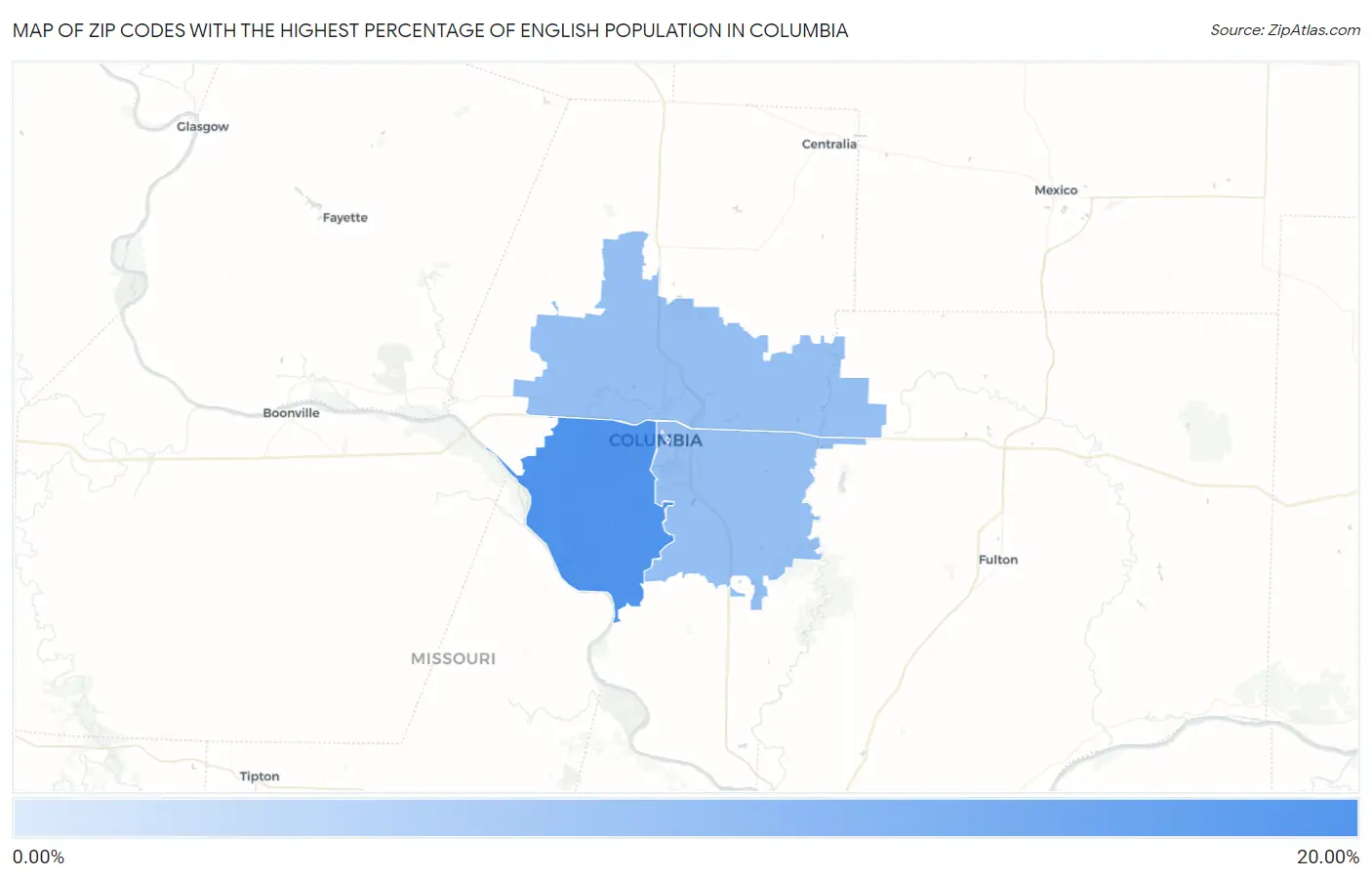 Zip Codes with the Highest Percentage of English Population in Columbia Map