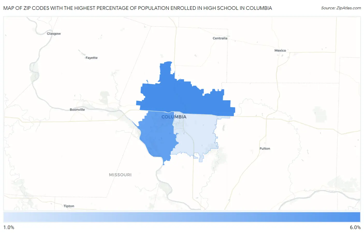 Zip Codes with the Highest Percentage of Population Enrolled in High School in Columbia Map