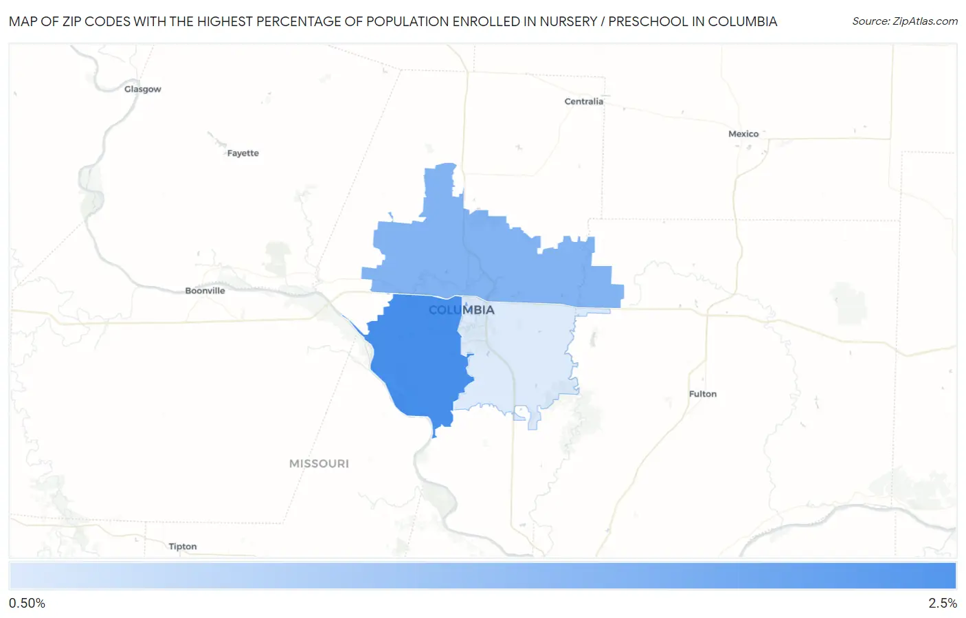 Zip Codes with the Highest Percentage of Population Enrolled in Nursery / Preschool in Columbia Map