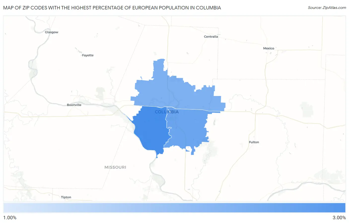 Zip Codes with the Highest Percentage of European Population in Columbia Map
