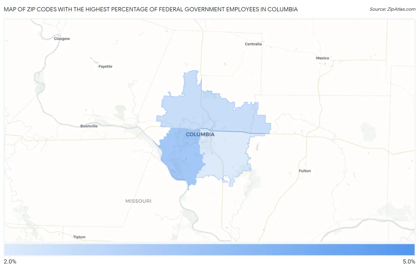 Zip Codes with the Highest Percentage of Federal Government Employees in Columbia Map