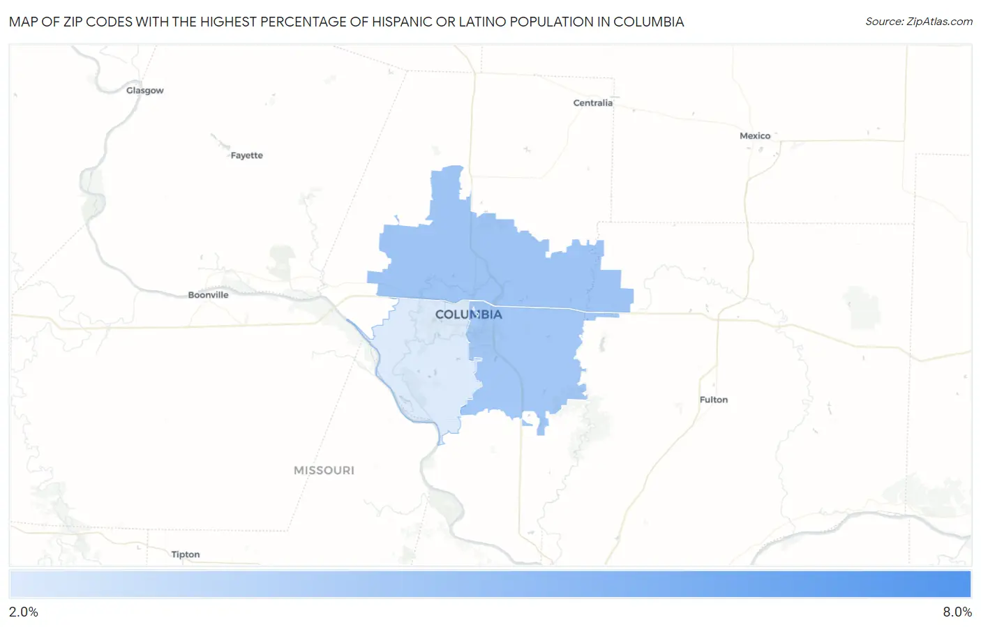 Zip Codes with the Highest Percentage of Hispanic or Latino Population in Columbia Map